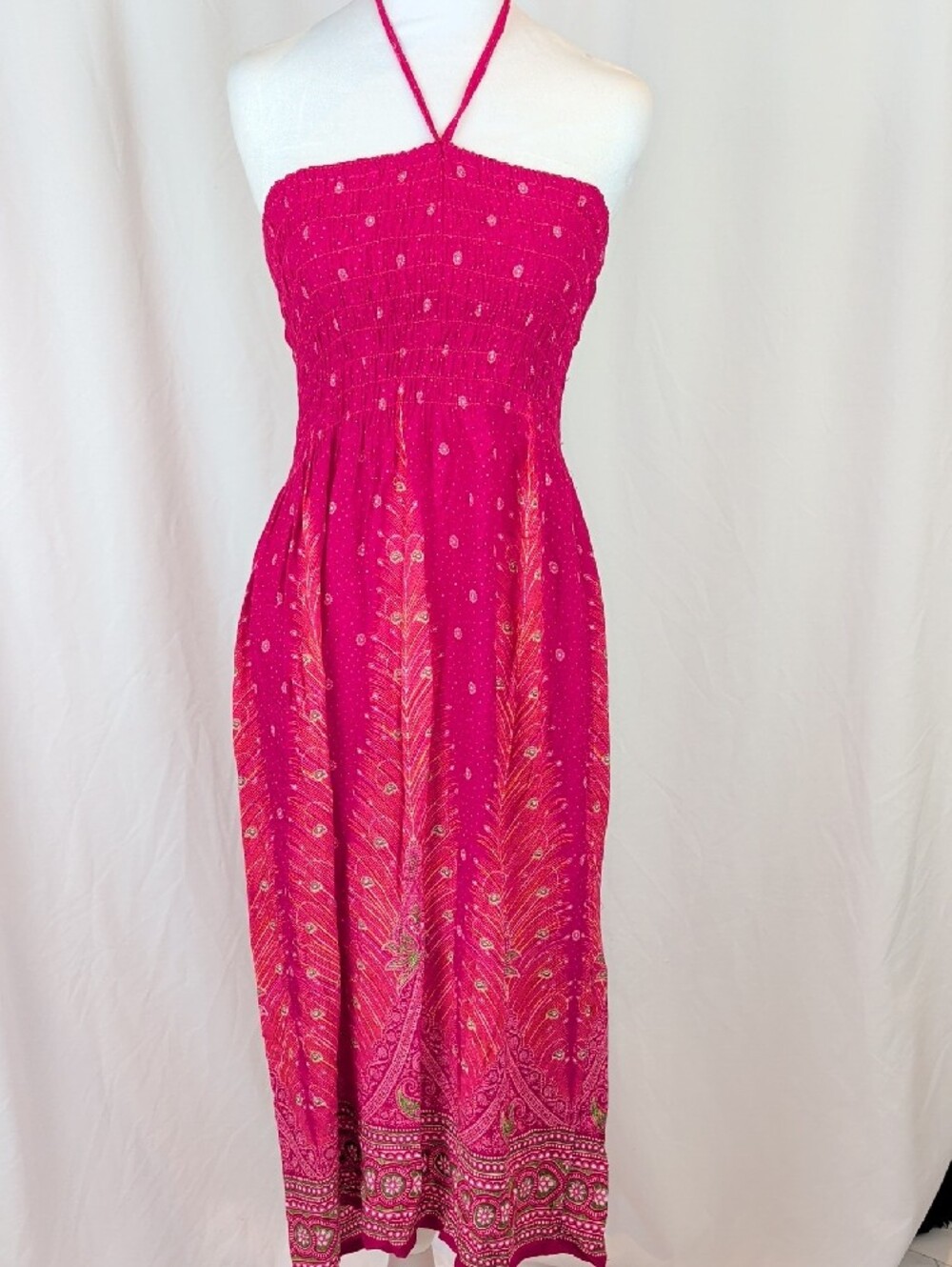 EXCELLENT Boho Peacock Floral Smocked Halter Midi Dress Pink 100% Cotton